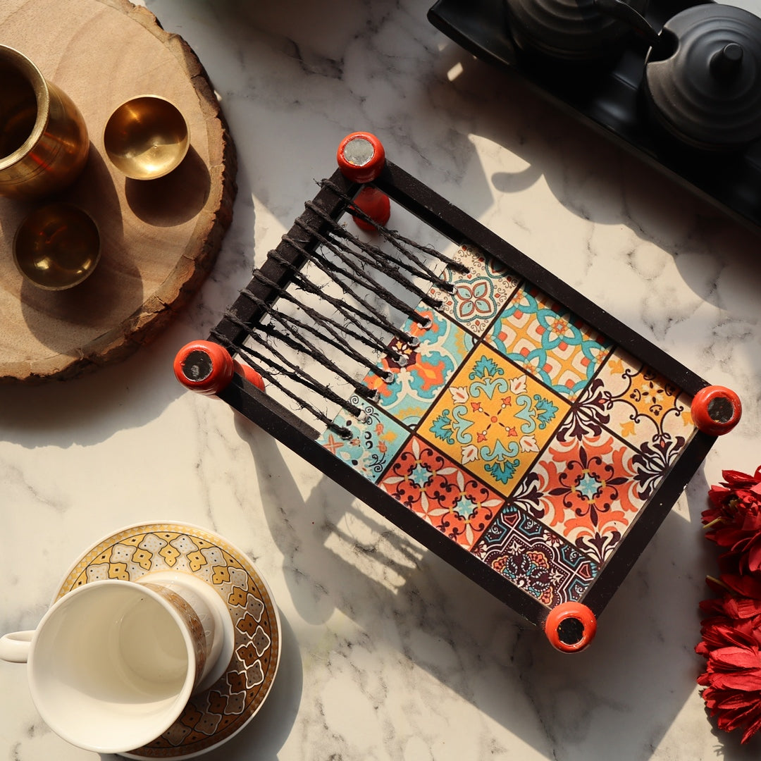 Multipurpose Organizer Platter Chaarpai Moroccan Art Brown