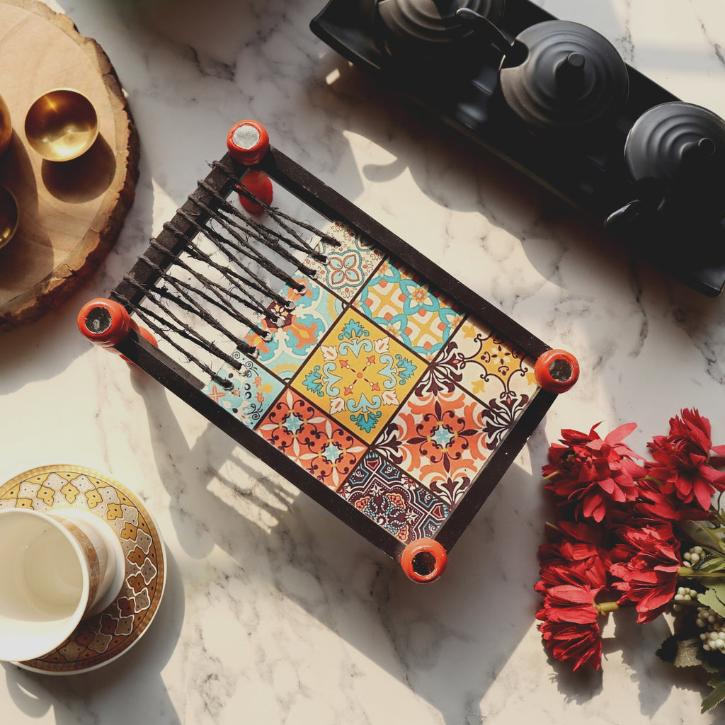 Multipurpose Organizer Platter Chaarpai Moroccan Art Brown