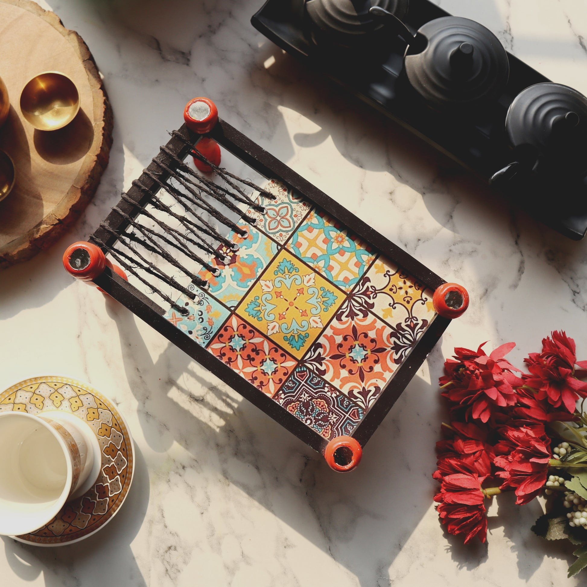 Multipurpose Organizer Platter Chaarpai Moroccan Art Brown