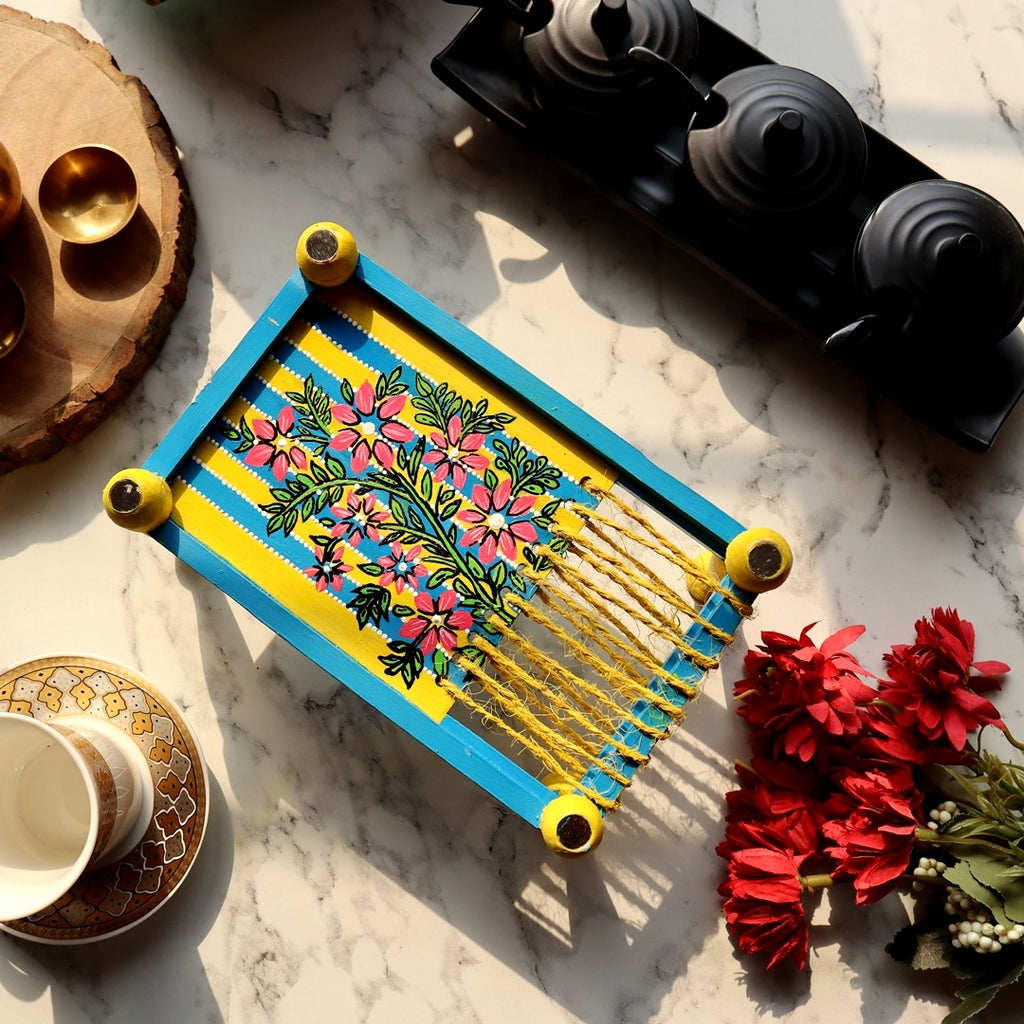 Multipurpose Organizer Platter Chaarpai Floral Yellow