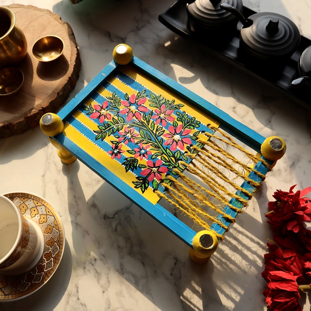 Multipurpose Organizer Platter Chaarpai Floral Yellow