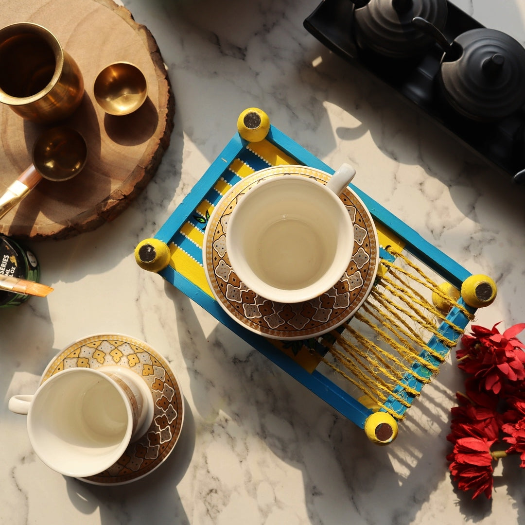 Multipurpose Organizer Platter Chaarpai Floral Yellow